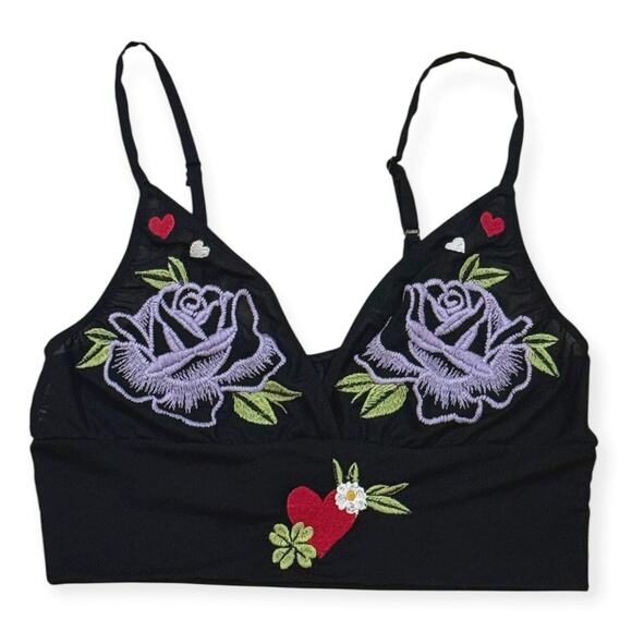 NEW Only Hearts M Bralette Black Mesh Aloha Honolulu Embroidered Crop Cami Roses - Picture 2 of 9